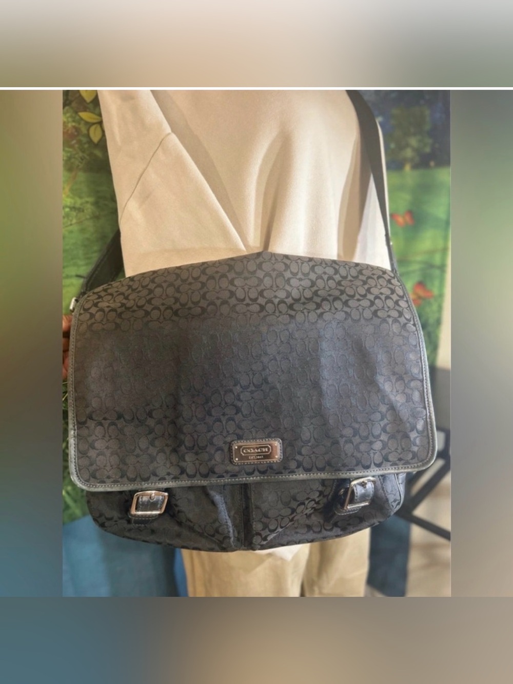 Coach Vintage Black Signature Unisex Canvas Messenger Bag - Picture 6 of 15